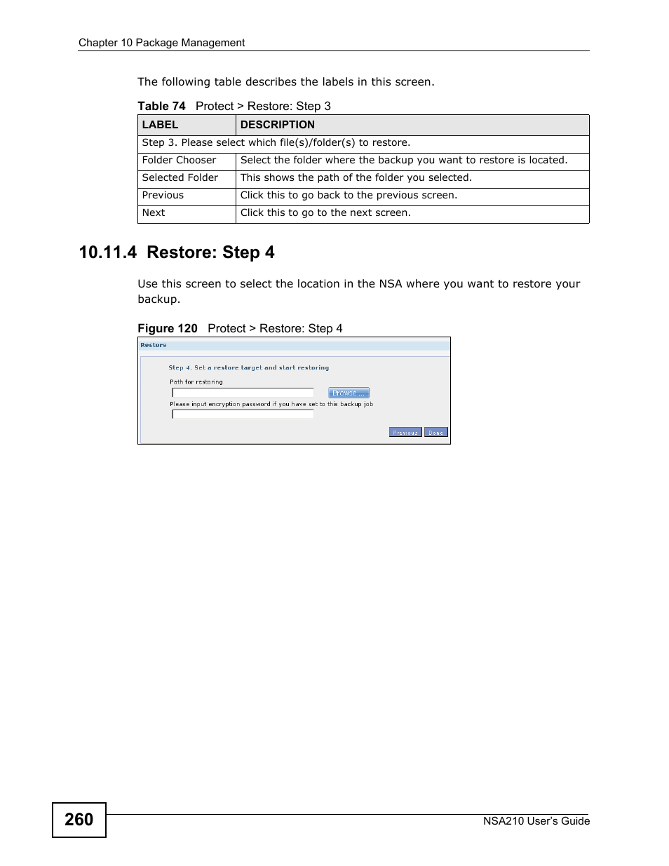 4 restore: step 4 | ZyXEL Communications NSA210 User Manual | Page 260 / 482