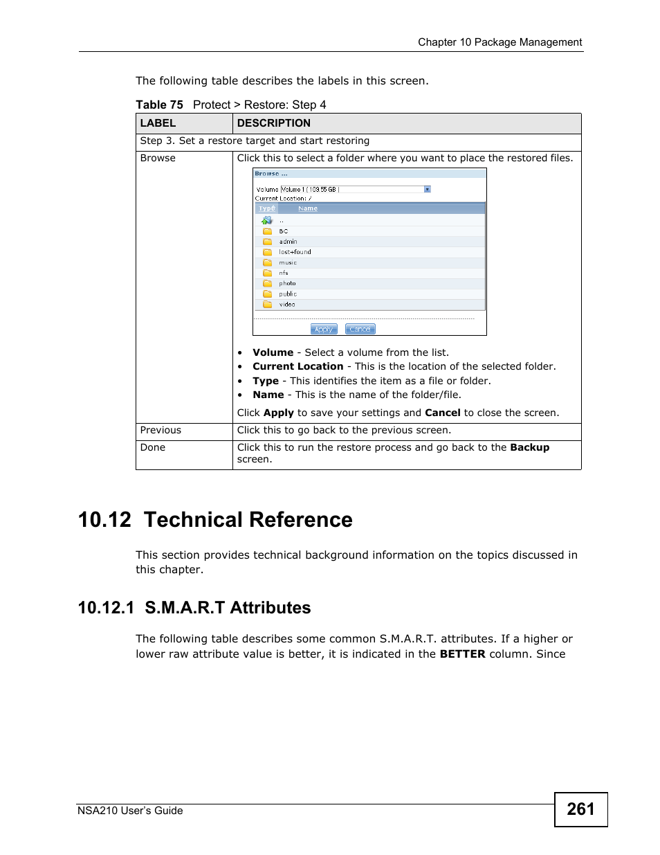 12 technical reference, 1 s.m.a.r.t attributes | ZyXEL Communications NSA210 User Manual | Page 261 / 482