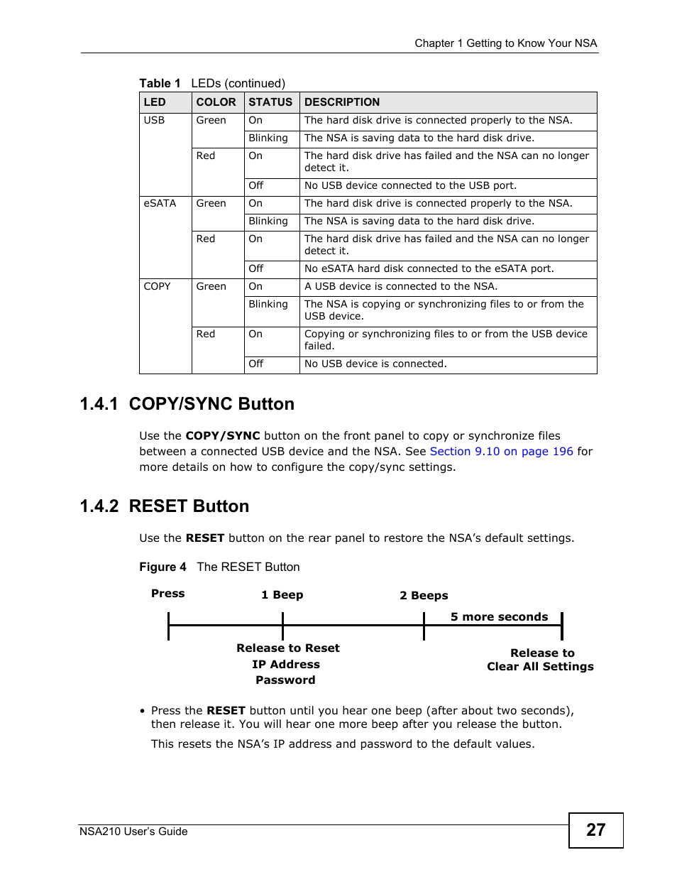 1 copy/sync button, 2 reset button, 1 copy/sync button 1.4.2 reset button | ZyXEL Communications NSA210 User Manual | Page 27 / 482