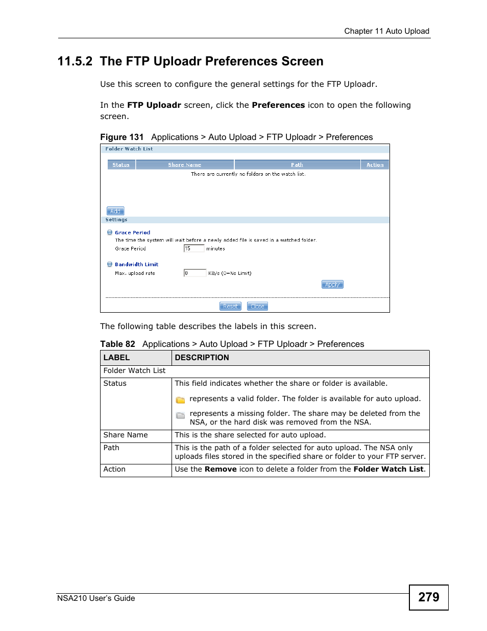 2 the ftp uploadr preferences screen | ZyXEL Communications NSA210 User Manual | Page 279 / 482