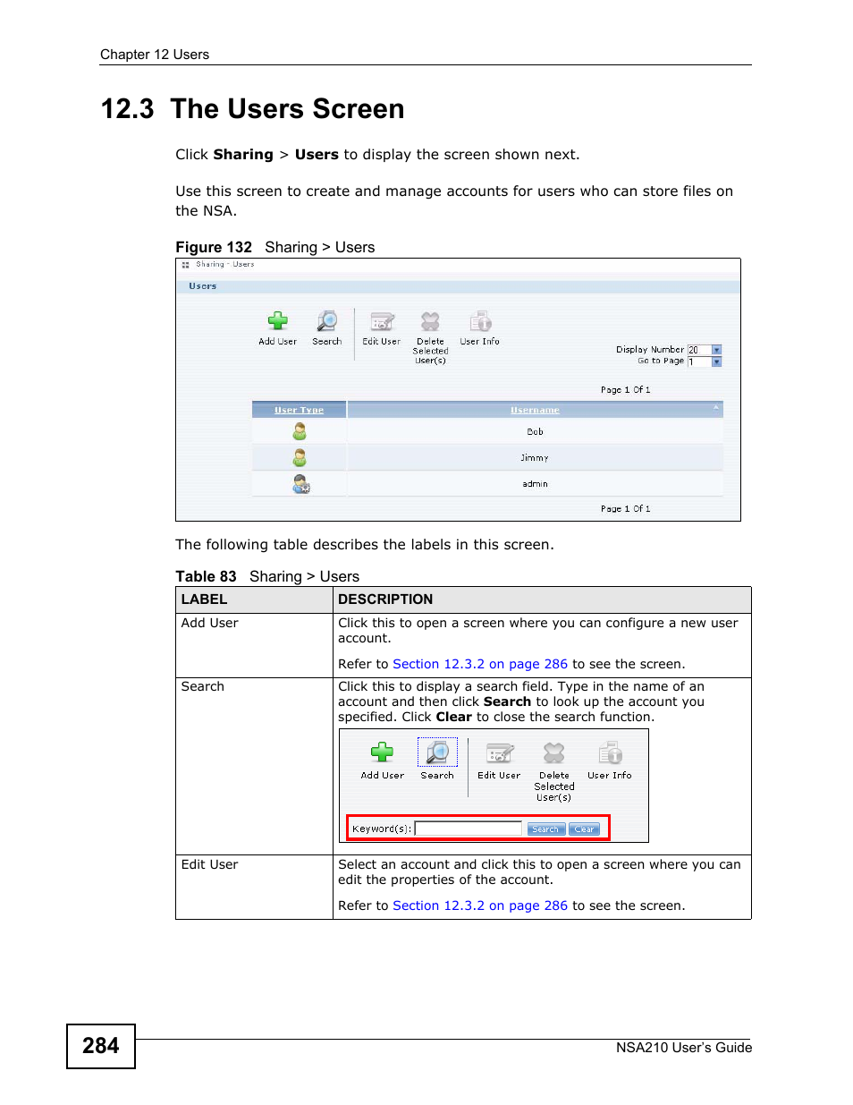 3 the users screen | ZyXEL Communications NSA210 User Manual | Page 284 / 482