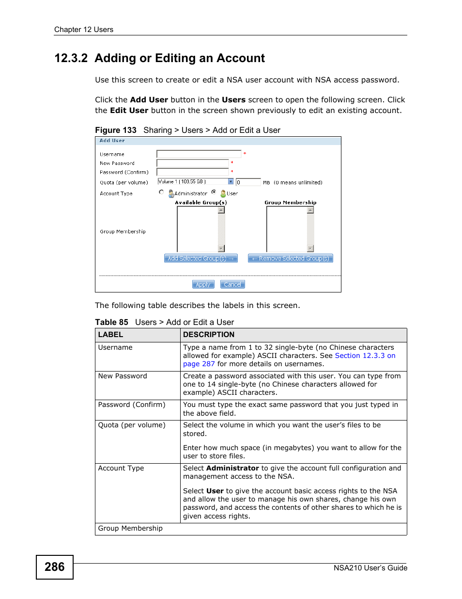 2 adding or editing an account | ZyXEL Communications NSA210 User Manual | Page 286 / 482