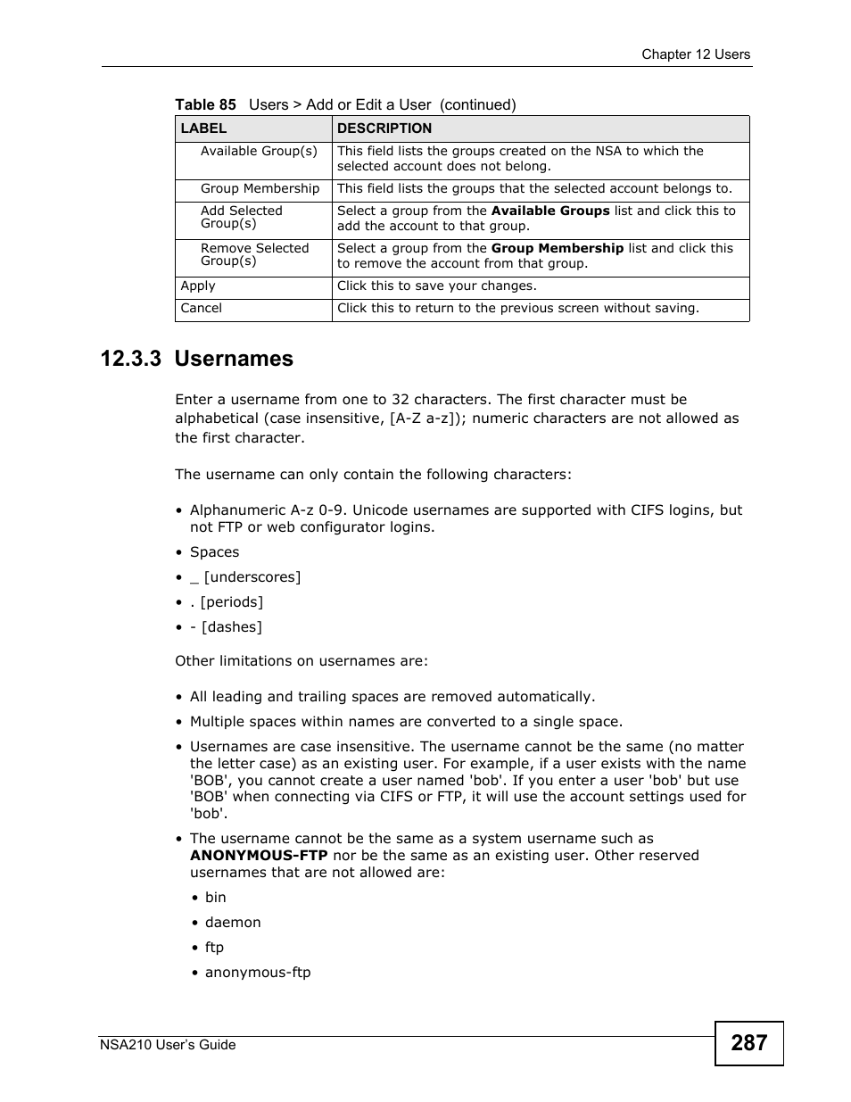 3 usernames | ZyXEL Communications NSA210 User Manual | Page 287 / 482