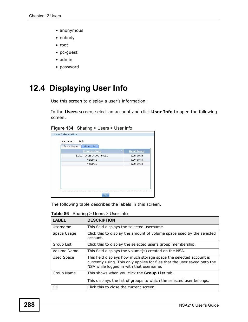 4 displaying user info | ZyXEL Communications NSA210 User Manual | Page 288 / 482