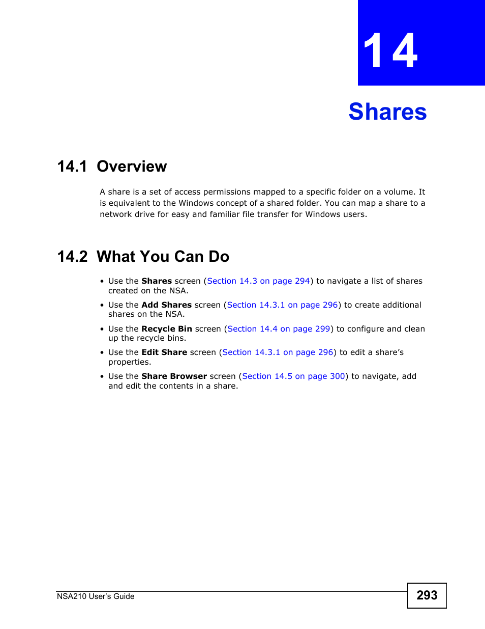 Shares, 1 overview, 2 what you can do | Chapter 14 shares | ZyXEL Communications NSA210 User Manual | Page 293 / 482