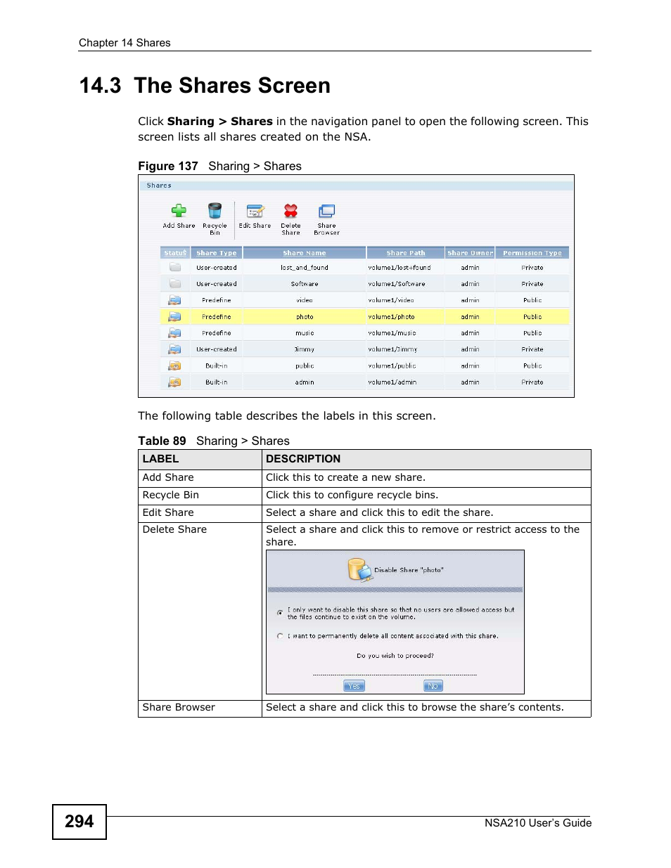 3 the shares screen | ZyXEL Communications NSA210 User Manual | Page 294 / 482