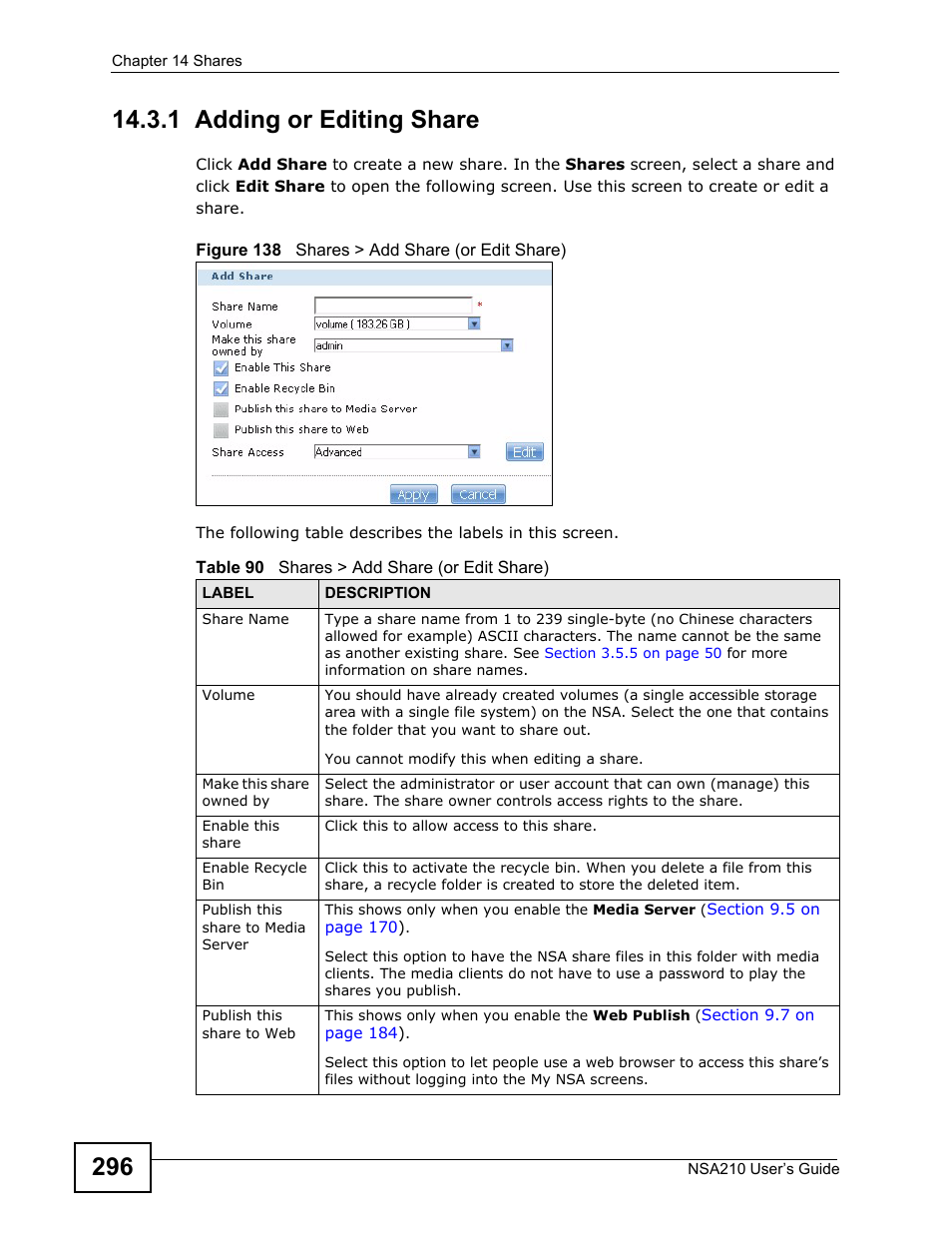 1 adding or editing share | ZyXEL Communications NSA210 User Manual | Page 296 / 482