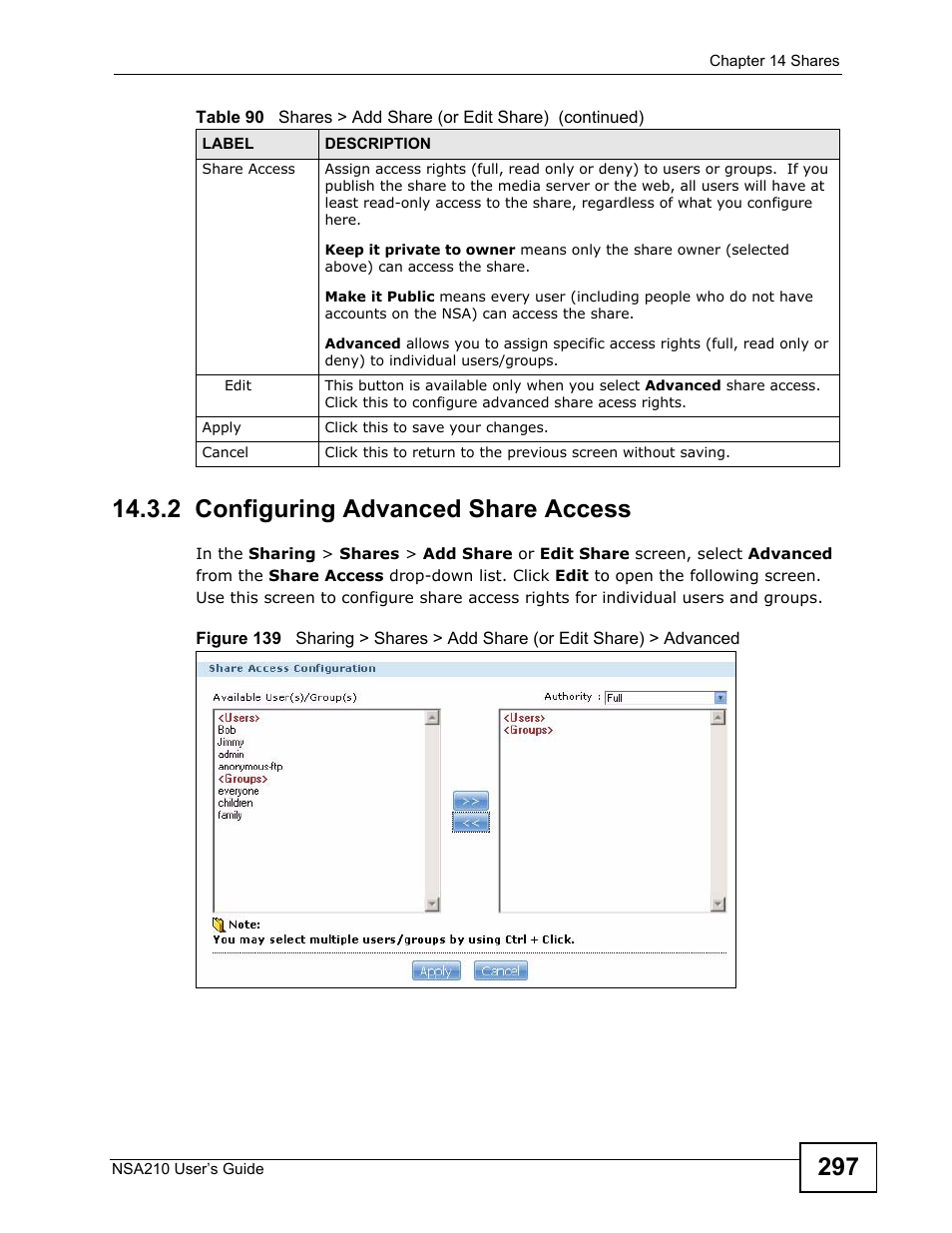 2 configuring advanced share access | ZyXEL Communications NSA210 User Manual | Page 297 / 482