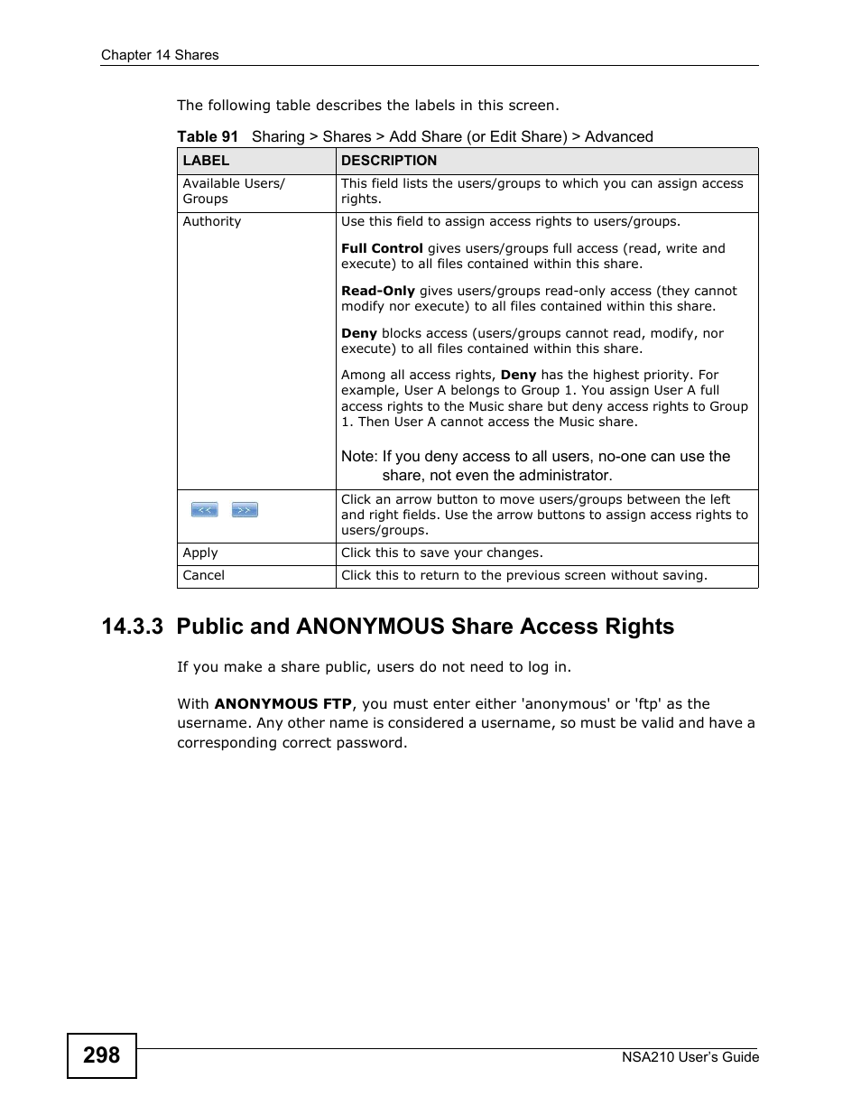 3 public and anonymous share access rights | ZyXEL Communications NSA210 User Manual | Page 298 / 482