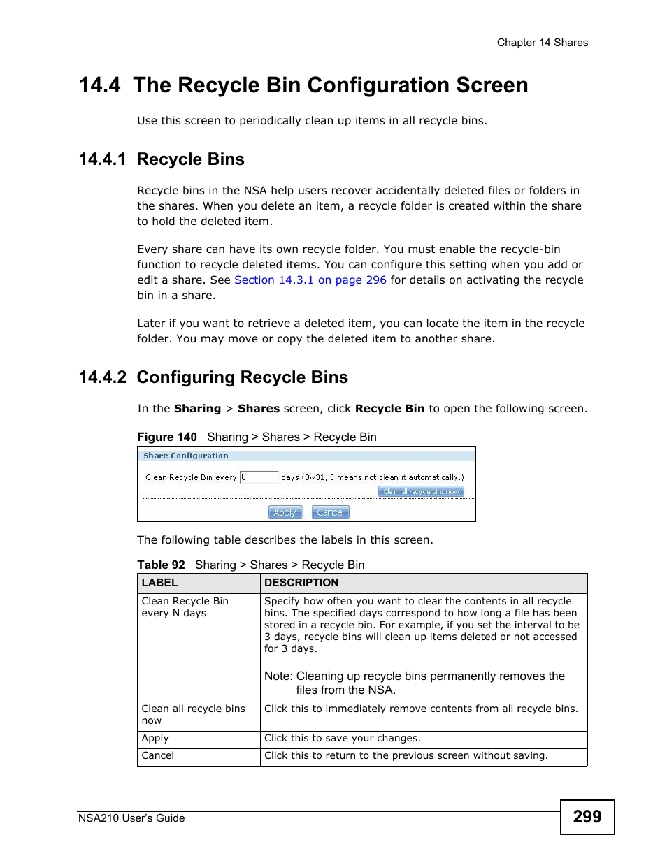 4 the recycle bin configuration screen, 1 recycle bins, 2 configuring recycle bins | 1 recycle bins 14.4.2 configuring recycle bins, Screen | ZyXEL Communications NSA210 User Manual | Page 299 / 482