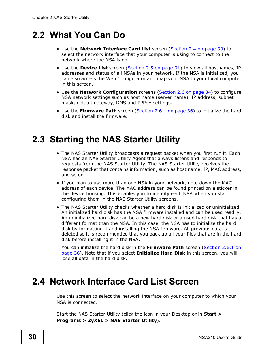 2 what you can do, 3 starting the nas starter utility, 4 network interface card list screen | ZyXEL Communications NSA210 User Manual | Page 30 / 482