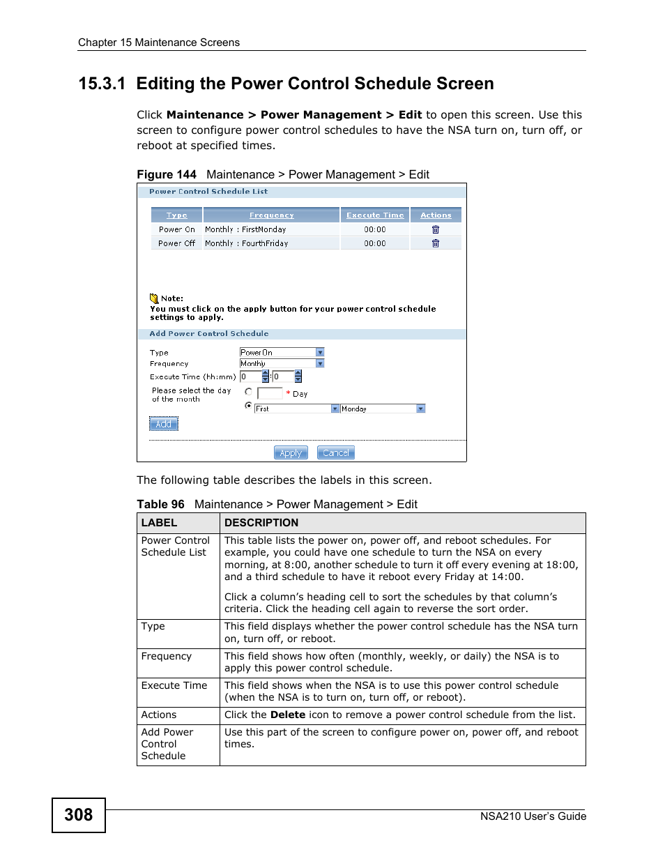 1 editing the power control schedule screen | ZyXEL Communications NSA210 User Manual | Page 308 / 482