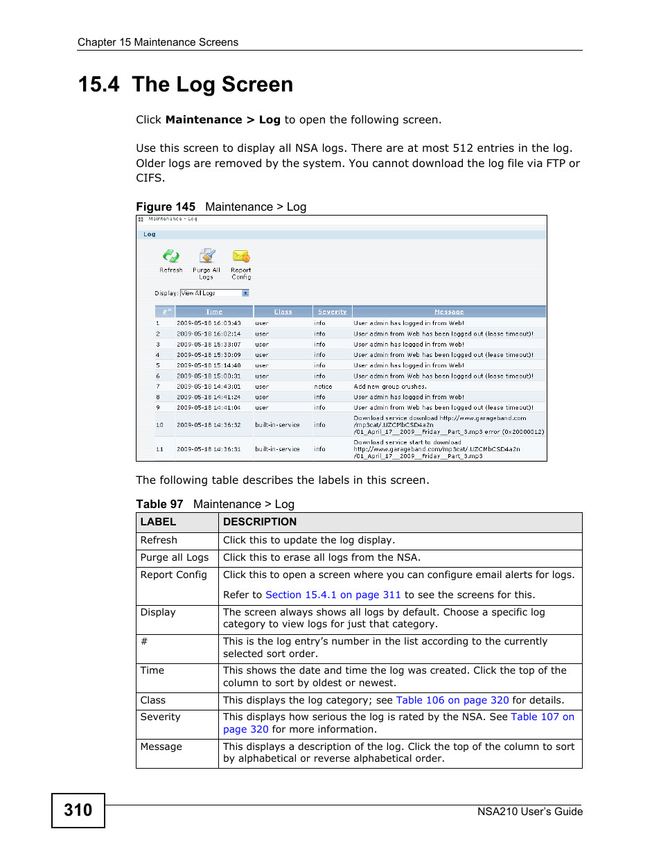 4 the log screen | ZyXEL Communications NSA210 User Manual | Page 310 / 482