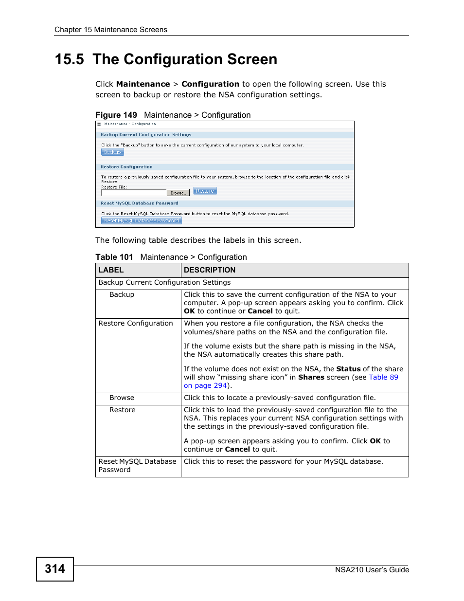 5 the configuration screen | ZyXEL Communications NSA210 User Manual | Page 314 / 482