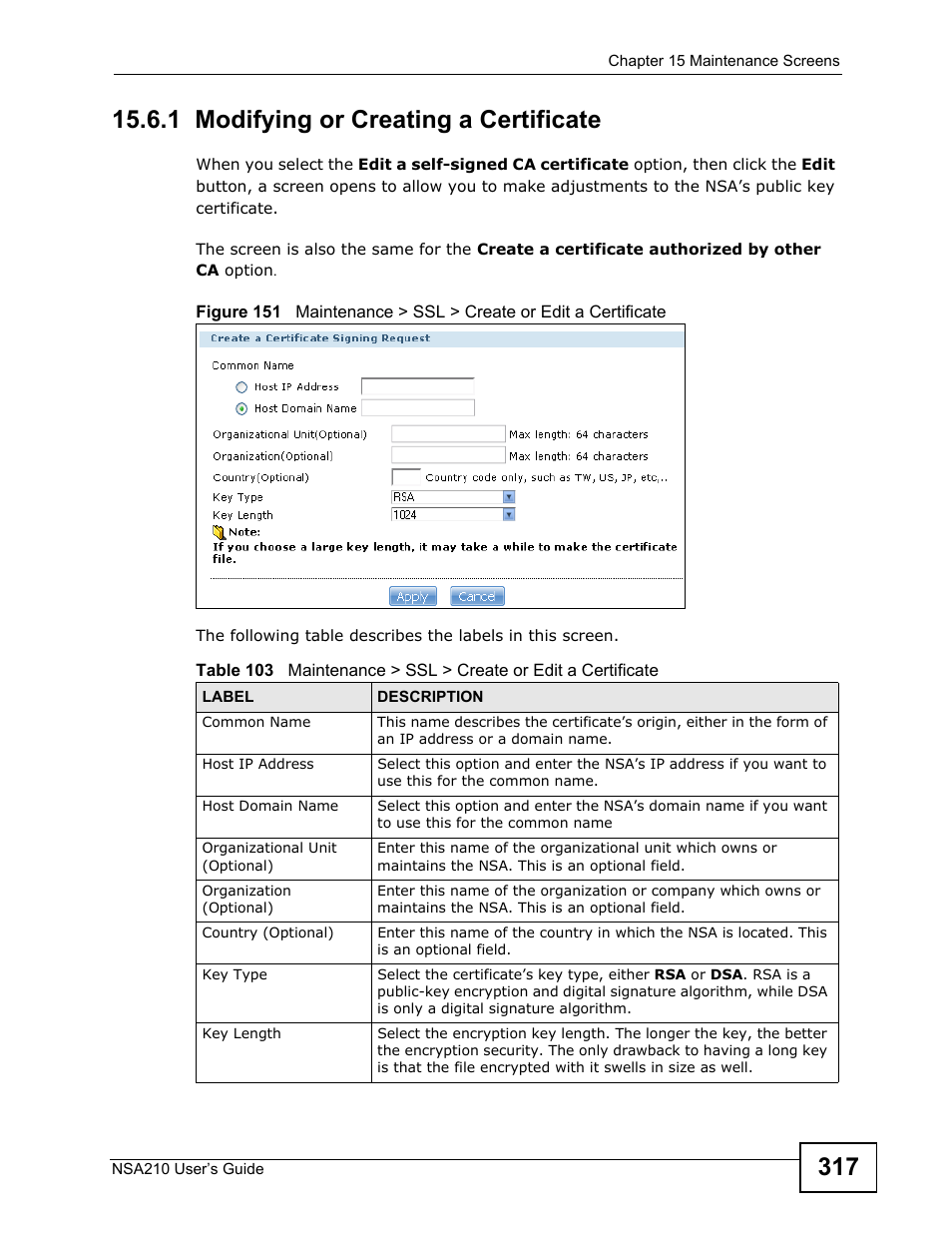 1 modifying or creating a certificate | ZyXEL Communications NSA210 User Manual | Page 317 / 482