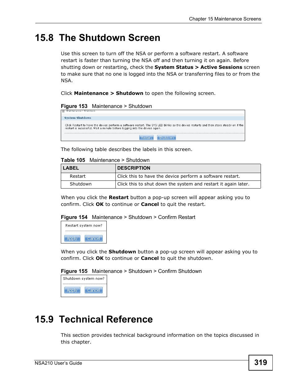 8 the shutdown screen, 9 technical reference, 8 the shutdown screen 15.9 technical reference | ZyXEL Communications NSA210 User Manual | Page 319 / 482