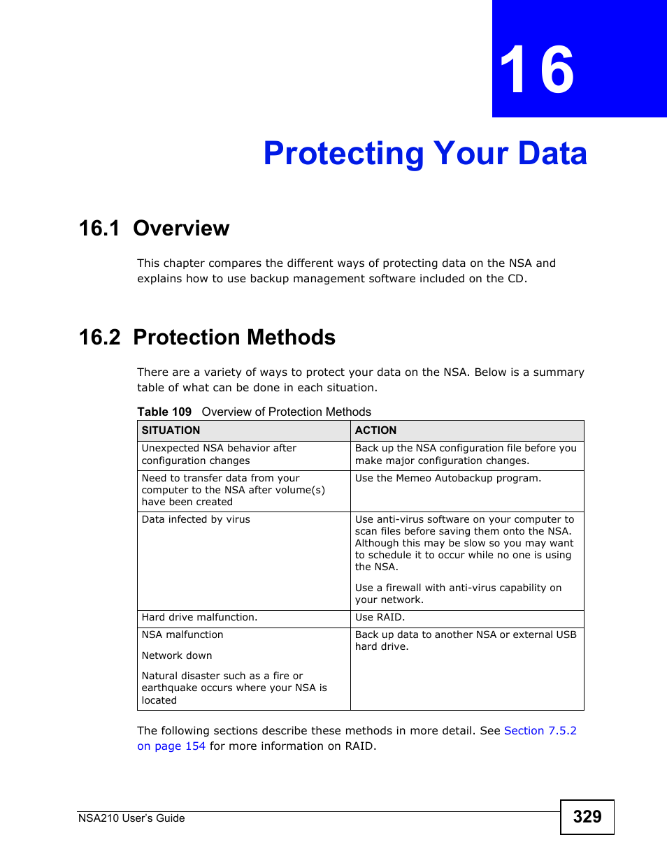 Protecting your data, 1 overview, 2 protection methods | Chapter 16 protecting your data, 1 overview 16.2 protection methods | ZyXEL Communications NSA210 User Manual | Page 329 / 482