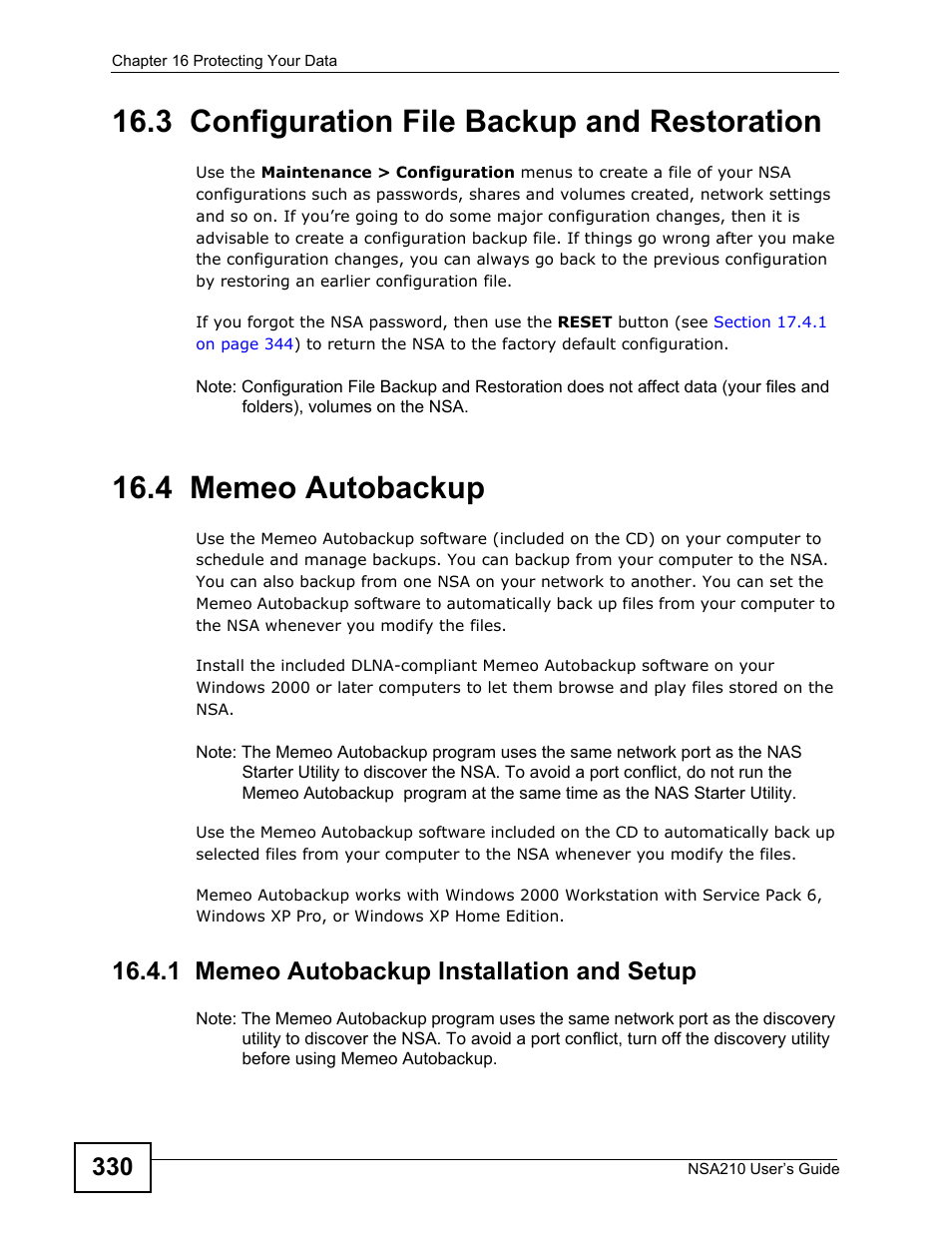 3 configuration file backup and restoration, 4 memeo autobackup, 1 memeo autobackup installation and setup | ZyXEL Communications NSA210 User Manual | Page 330 / 482