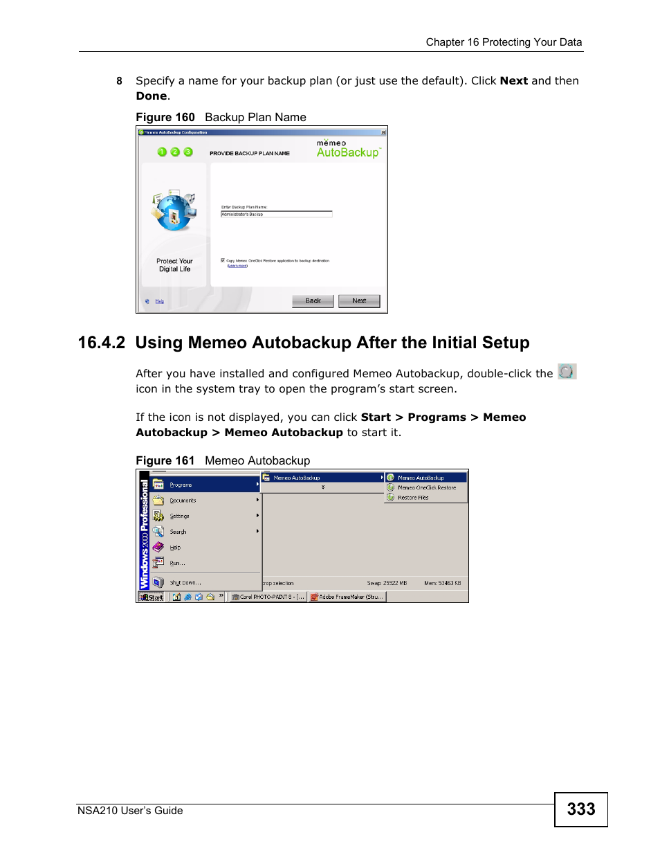 2 using memeo autobackup after the initial setup | ZyXEL Communications NSA210 User Manual | Page 333 / 482