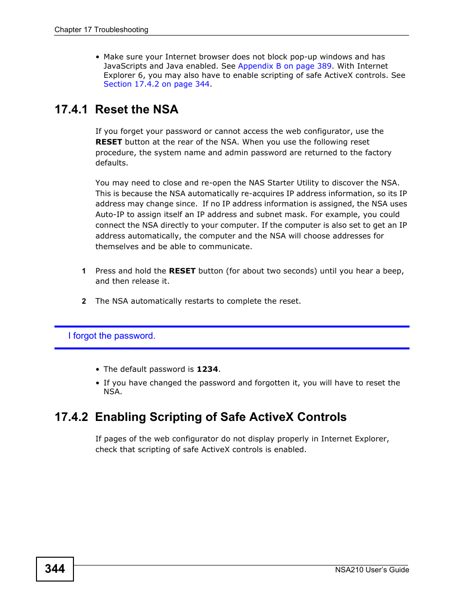 1 reset the nsa, 2 enabling scripting of safe activex controls, Section 17.4.1 | ZyXEL Communications NSA210 User Manual | Page 344 / 482
