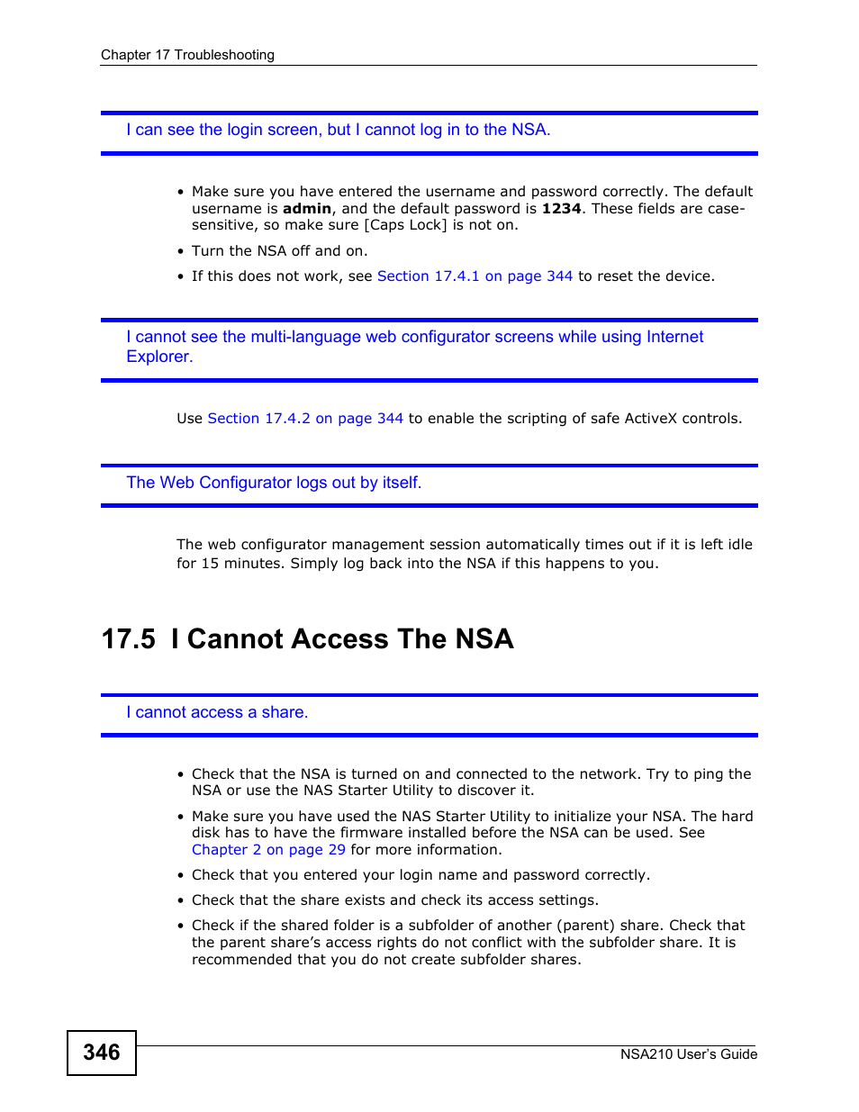 5 i cannot access the nsa, I cannot access the nsa | ZyXEL Communications NSA210 User Manual | Page 346 / 482