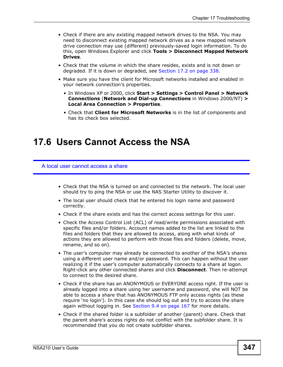 6 users cannot access the nsa, Users cannot access the nsa | ZyXEL Communications NSA210 User Manual | Page 347 / 482