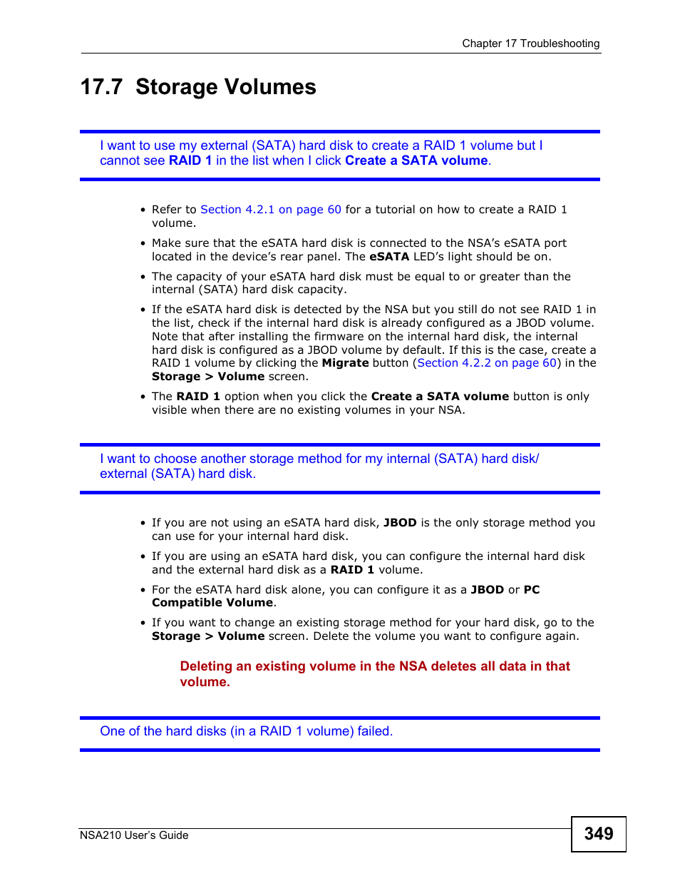 7 storage volumes, Storage volumes | ZyXEL Communications NSA210 User Manual | Page 349 / 482