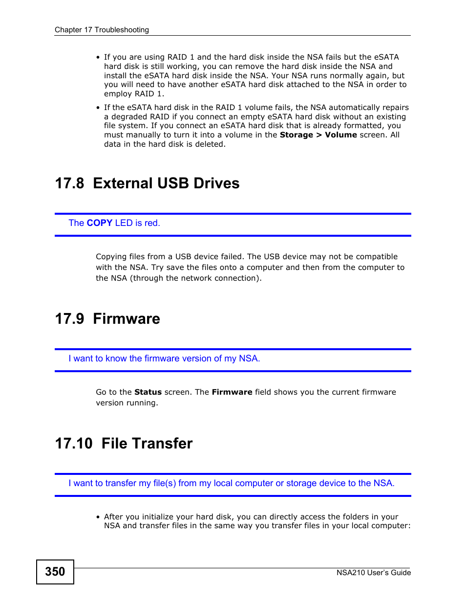8 external usb drives, 9 firmware, 10 file transfer | External usb drives, Firmware, File transfer | ZyXEL Communications NSA210 User Manual | Page 350 / 482