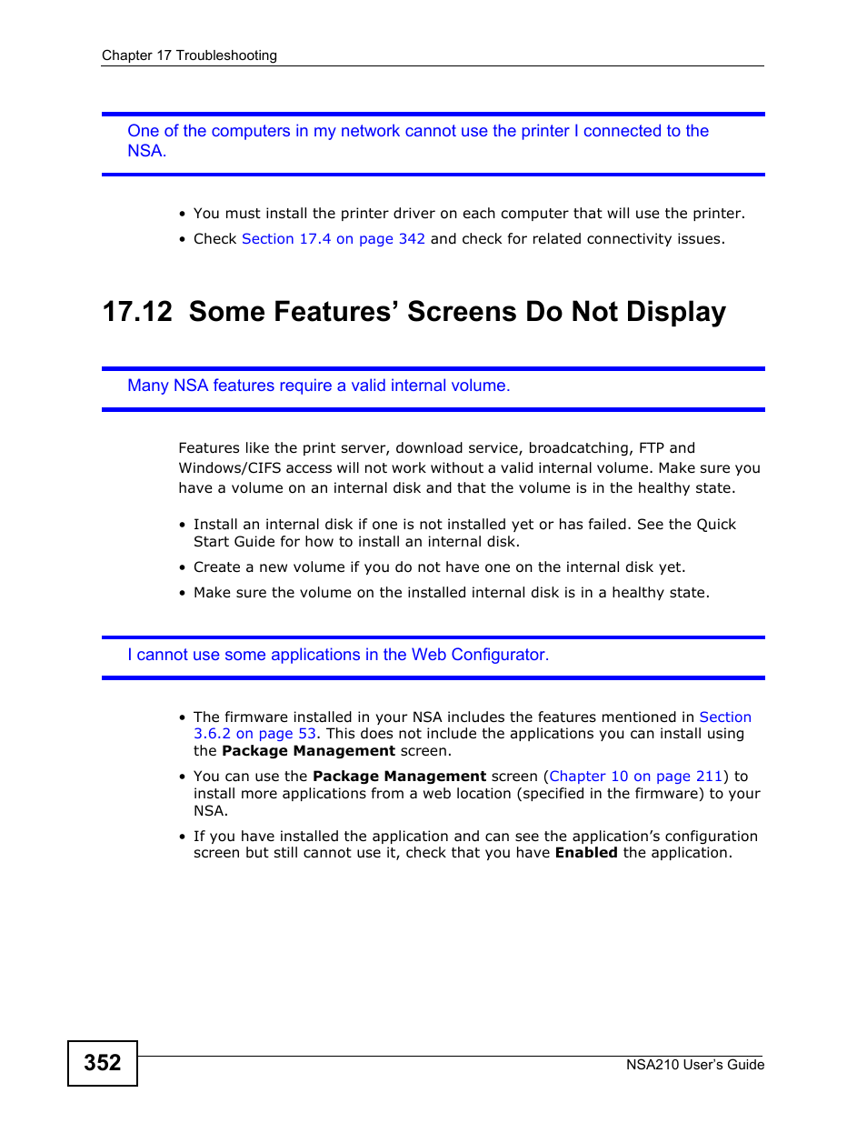 12 some features’ screens do not display, Some features’ screens do not display | ZyXEL Communications NSA210 User Manual | Page 352 / 482