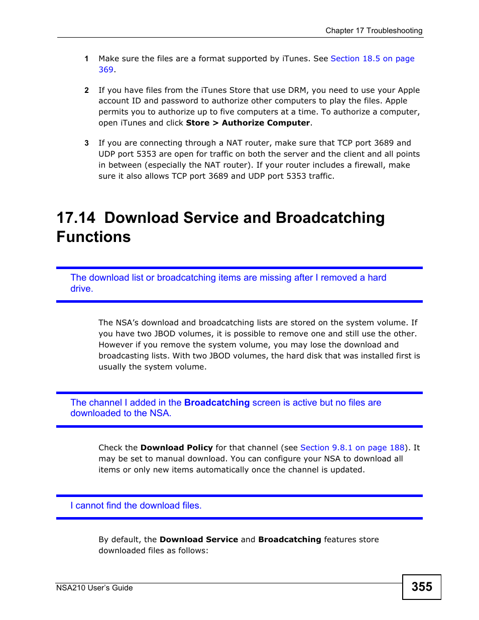 14 download service and broadcatching functions, Download service and broadcatching functions | ZyXEL Communications NSA210 User Manual | Page 355 / 482