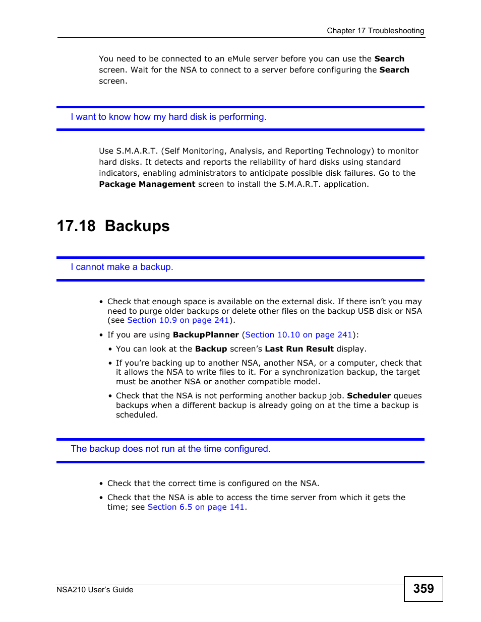 18 backups, Backups | ZyXEL Communications NSA210 User Manual | Page 359 / 482
