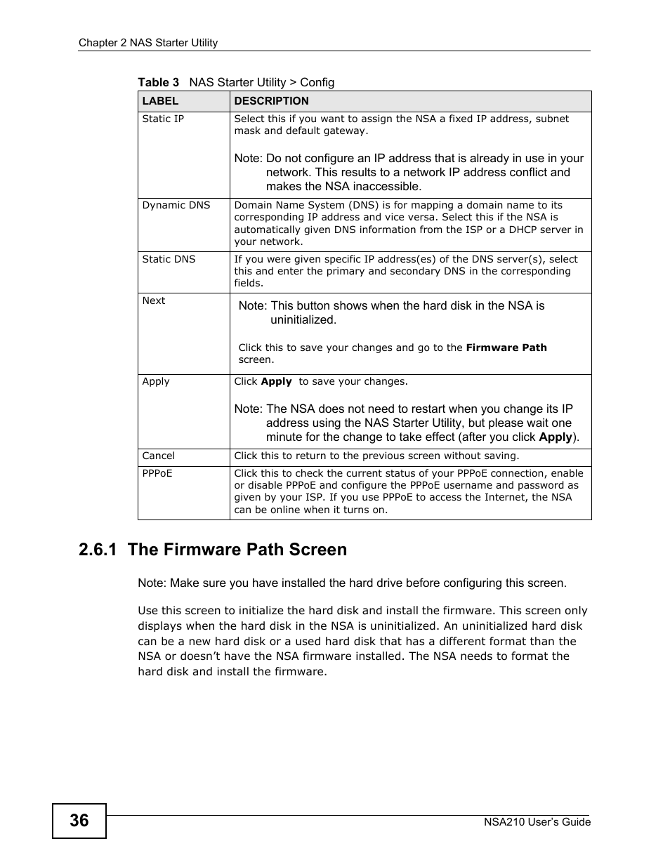 1 the firmware path screen, Section 2.6.1 on | ZyXEL Communications NSA210 User Manual | Page 36 / 482