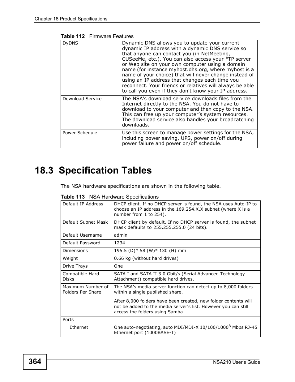 3 specification tables | ZyXEL Communications NSA210 User Manual | Page 364 / 482