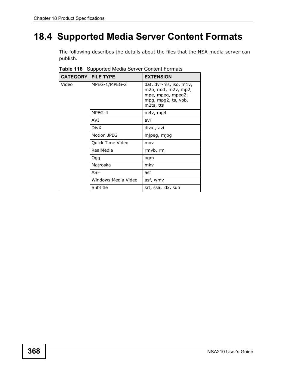 4 supported media server content formats | ZyXEL Communications NSA210 User Manual | Page 368 / 482