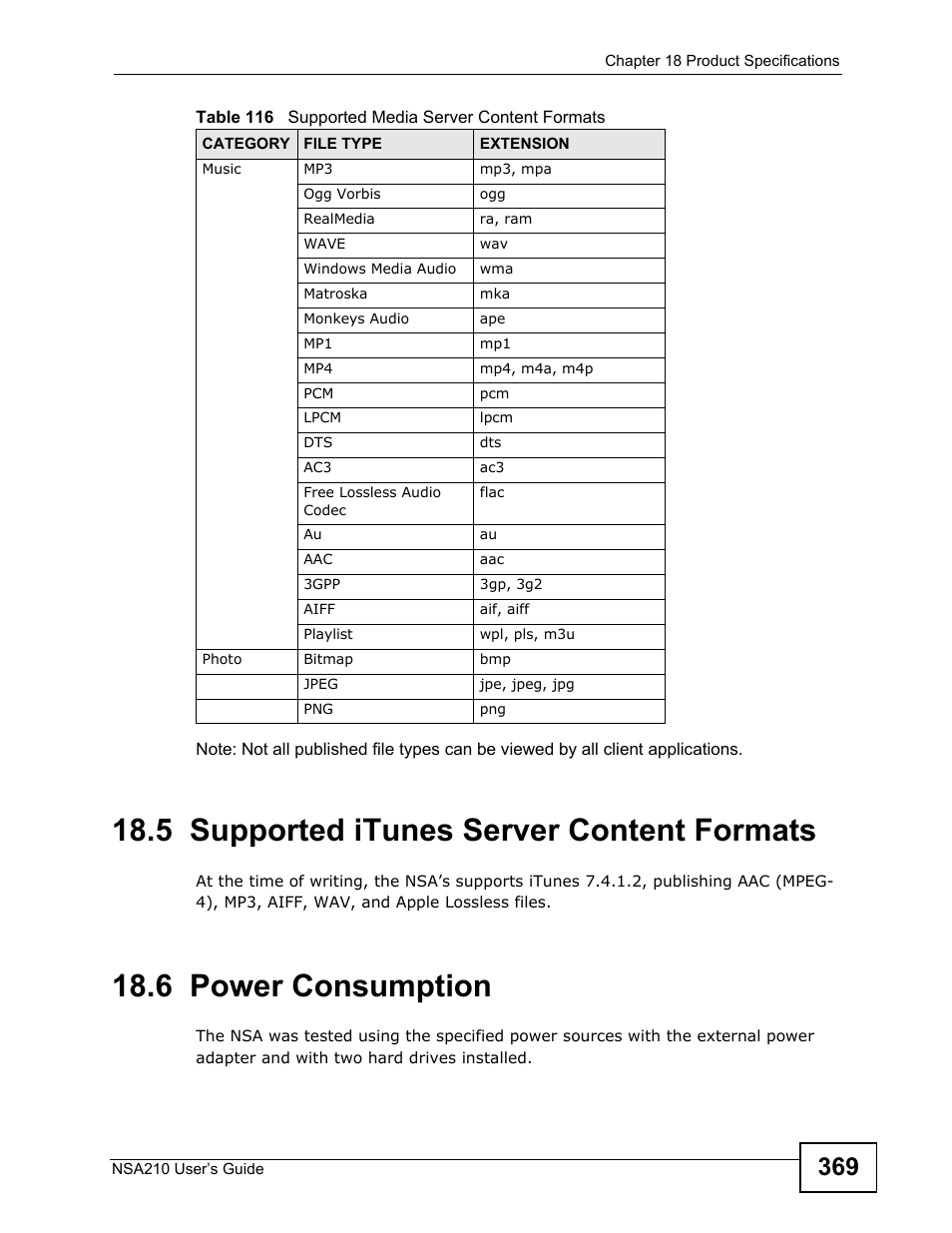 5 supported itunes server content formats, 6 power consumption | ZyXEL Communications NSA210 User Manual | Page 369 / 482