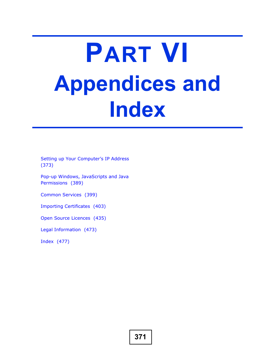 Appendices and index, Part vi: appendices and index | ZyXEL Communications NSA210 User Manual | Page 371 / 482