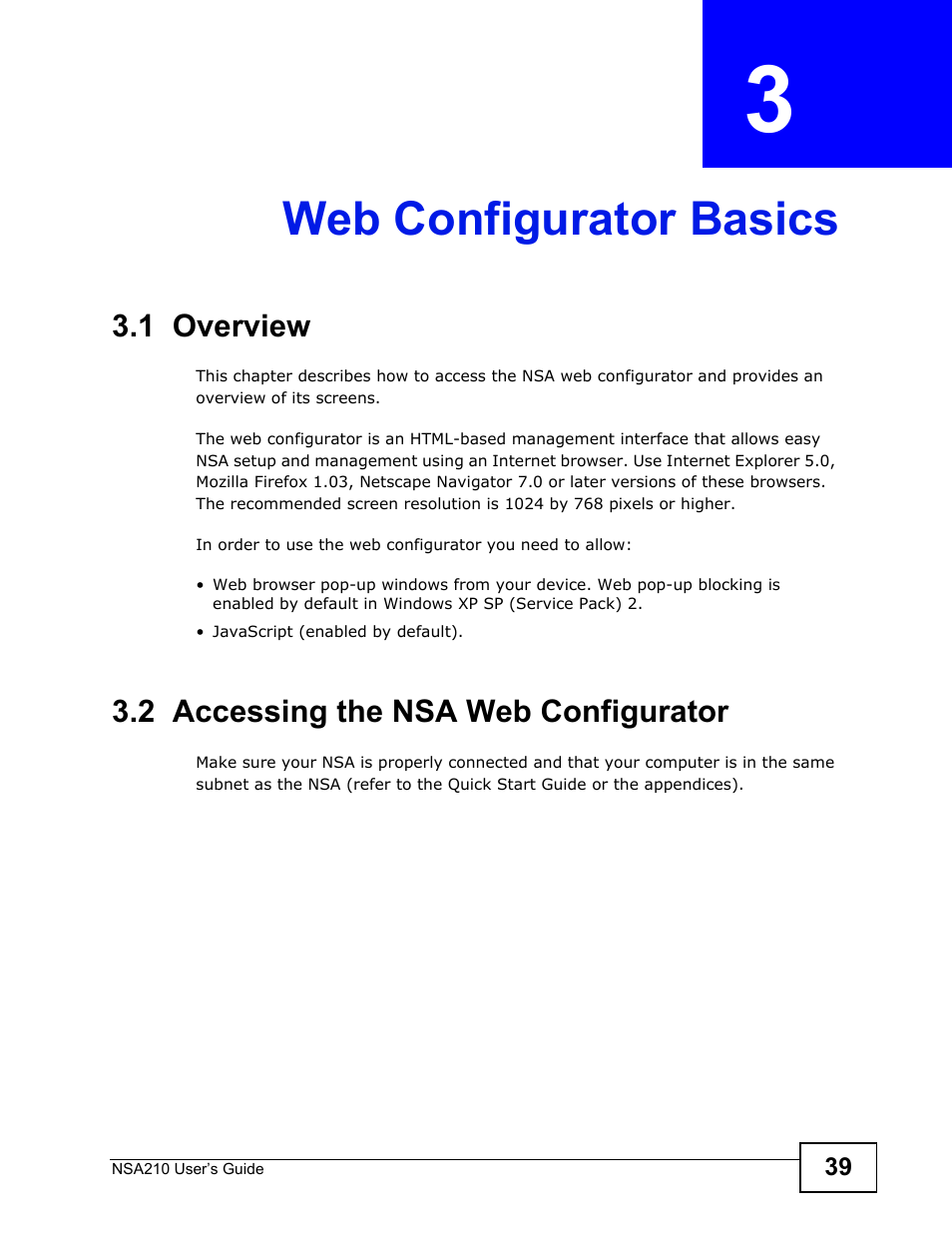 Web configurator basics, 1 overview, 2 accessing the nsa web configurator | Chapter 3 web configurator basics, 1 overview 3.2 accessing the nsa web configurator, Web configurator basics (39) | ZyXEL Communications NSA210 User Manual | Page 39 / 482