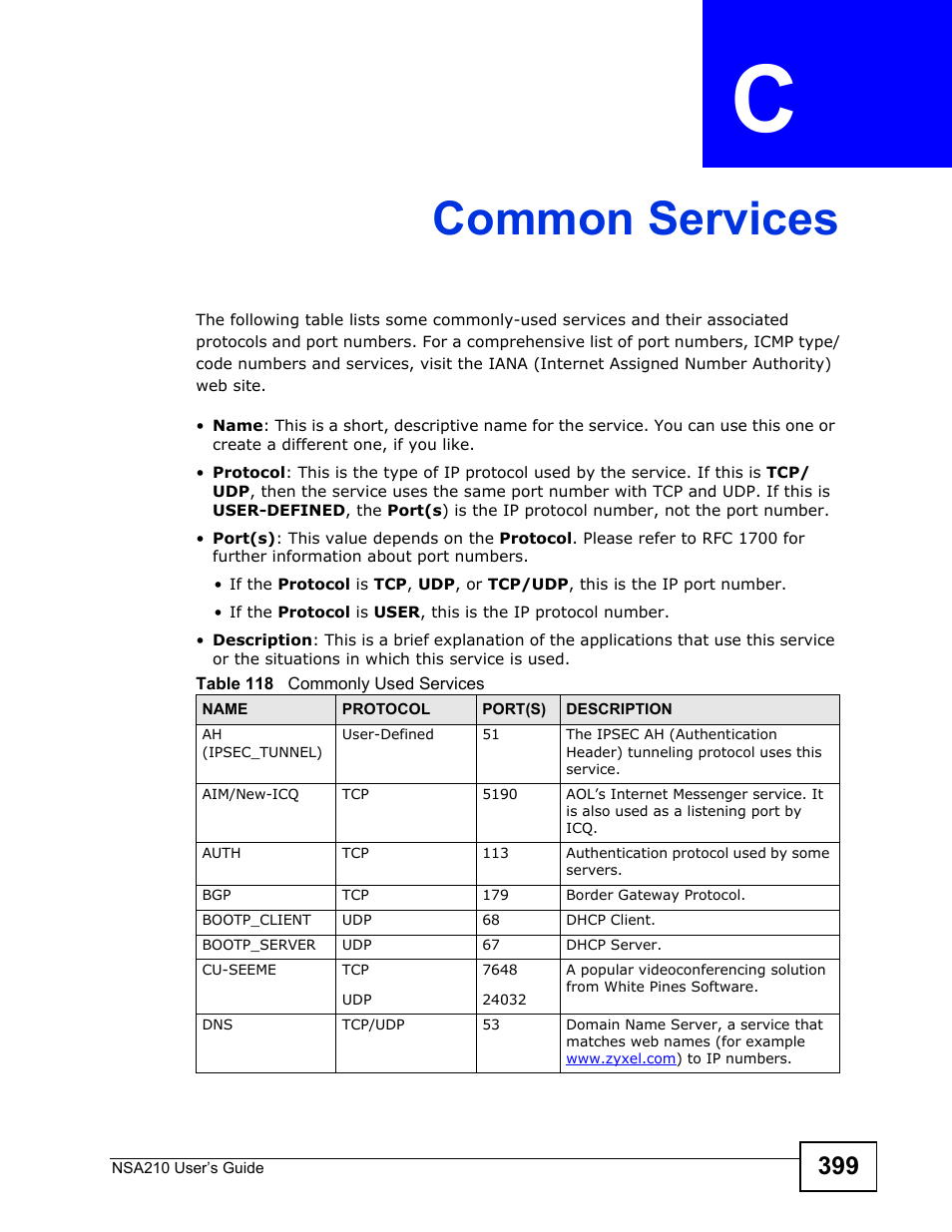 Common services, Appendix c common services, Common services (399) | ZyXEL Communications NSA210 User Manual | Page 399 / 482