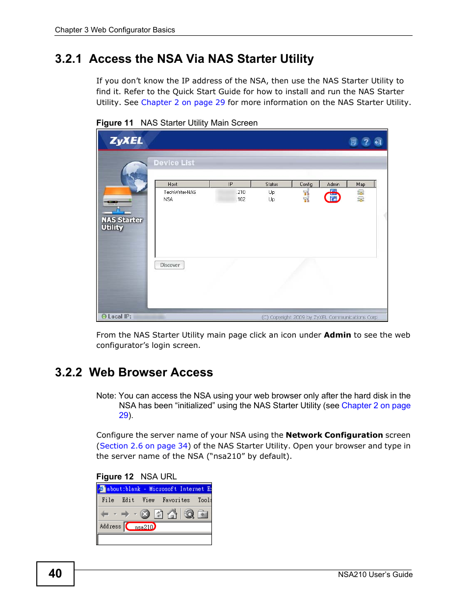 1 access the nsa via nas starter utility, 2 web browser access | ZyXEL Communications NSA210 User Manual | Page 40 / 482