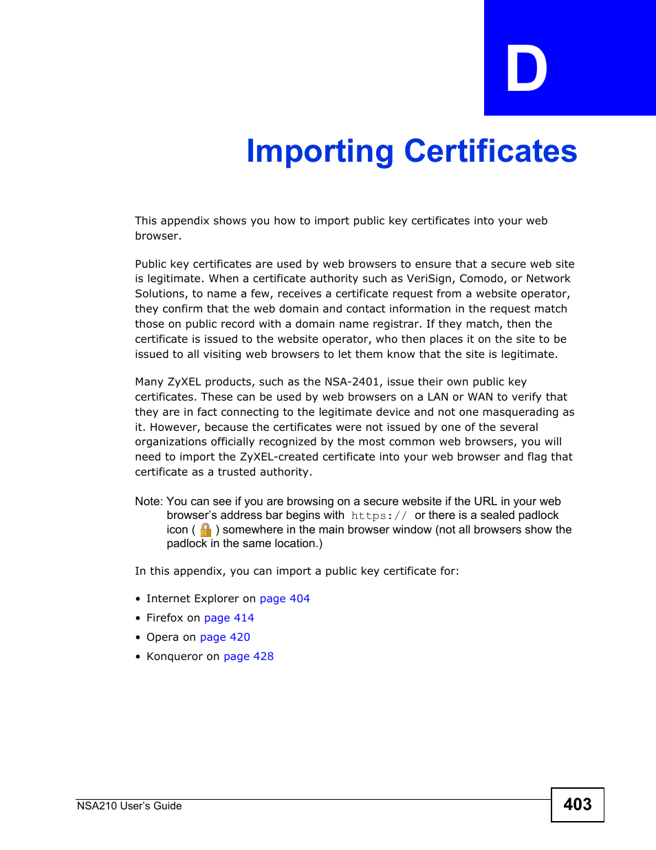 Importing certificates, Appendix d importing certificates, Importing certificates (403) | ZyXEL Communications NSA210 User Manual | Page 403 / 482
