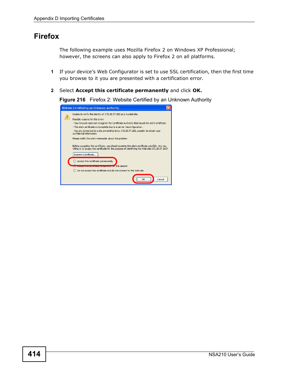 Ox on, 414 firefox | ZyXEL Communications NSA210 User Manual | Page 414 / 482