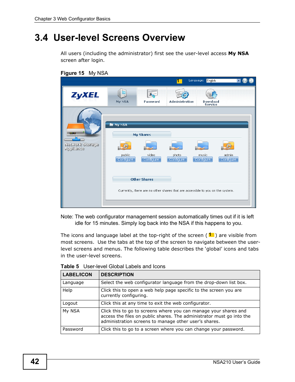 4 user-level screens overview | ZyXEL Communications NSA210 User Manual | Page 42 / 482