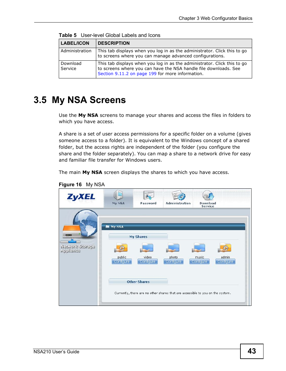 5 my nsa screens | ZyXEL Communications NSA210 User Manual | Page 43 / 482