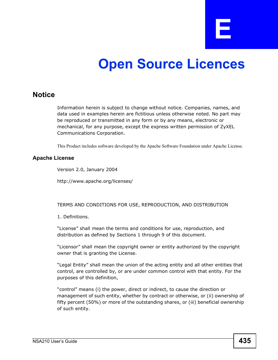 Open source licences, Appendix e open source licences, Open source licences (435) | ZyXEL Communications NSA210 User Manual | Page 435 / 482
