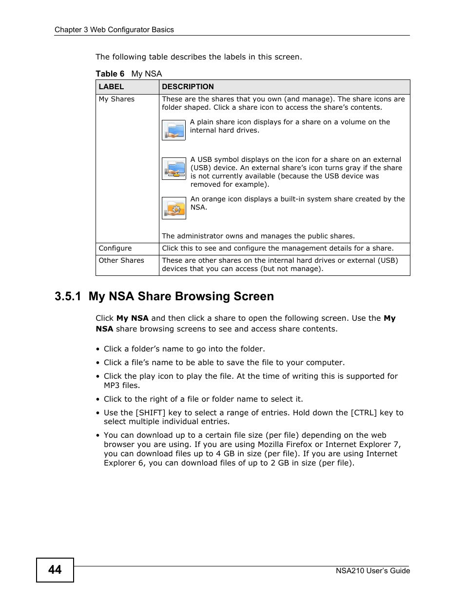 1 my nsa share browsing screen | ZyXEL Communications NSA210 User Manual | Page 44 / 482