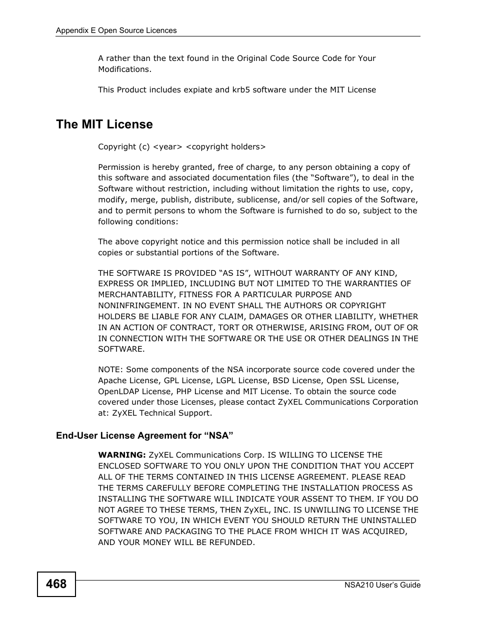 The mit license | ZyXEL Communications NSA210 User Manual | Page 468 / 482