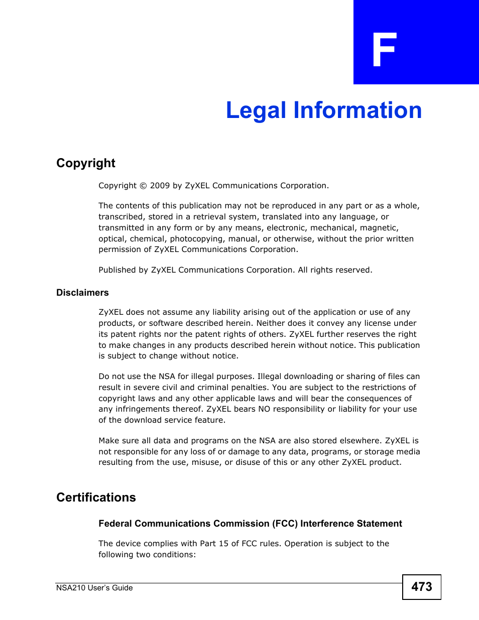 Legal information, Appendix f legal information, Legal information (473) | ZyXEL Communications NSA210 User Manual | Page 473 / 482