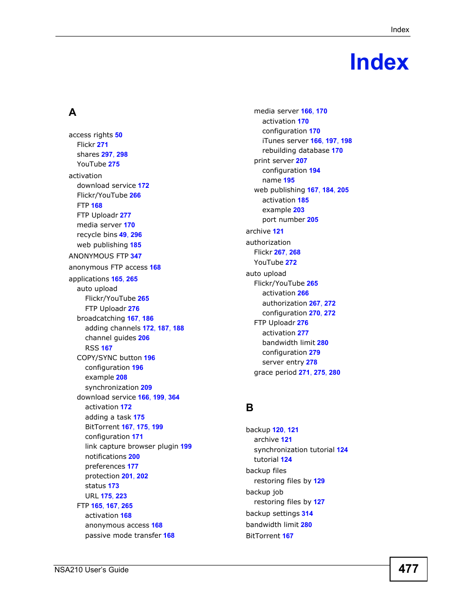 Index, Index (477) | ZyXEL Communications NSA210 User Manual | Page 477 / 482