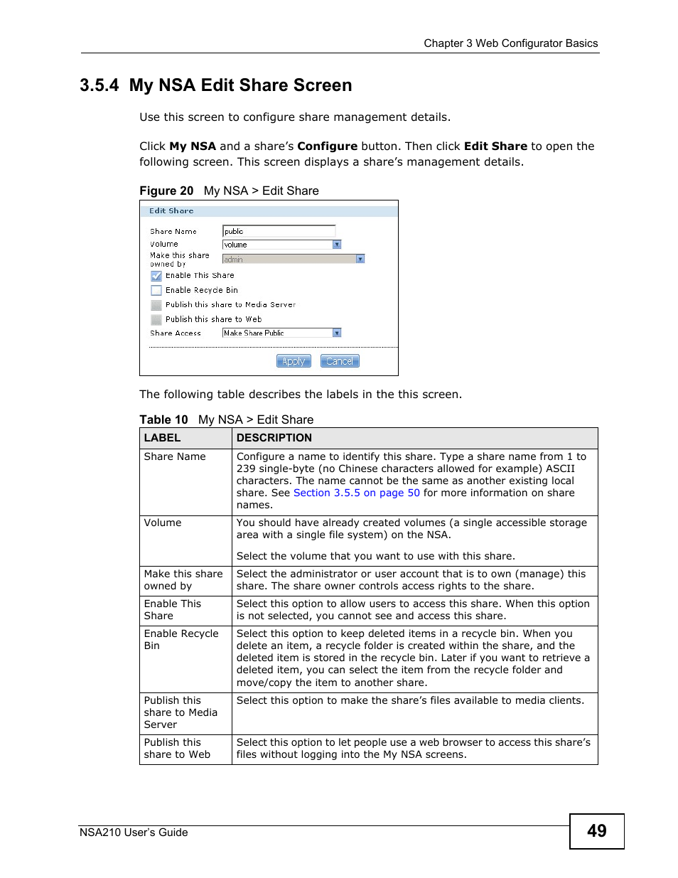 4 my nsa edit share screen | ZyXEL Communications NSA210 User Manual | Page 49 / 482