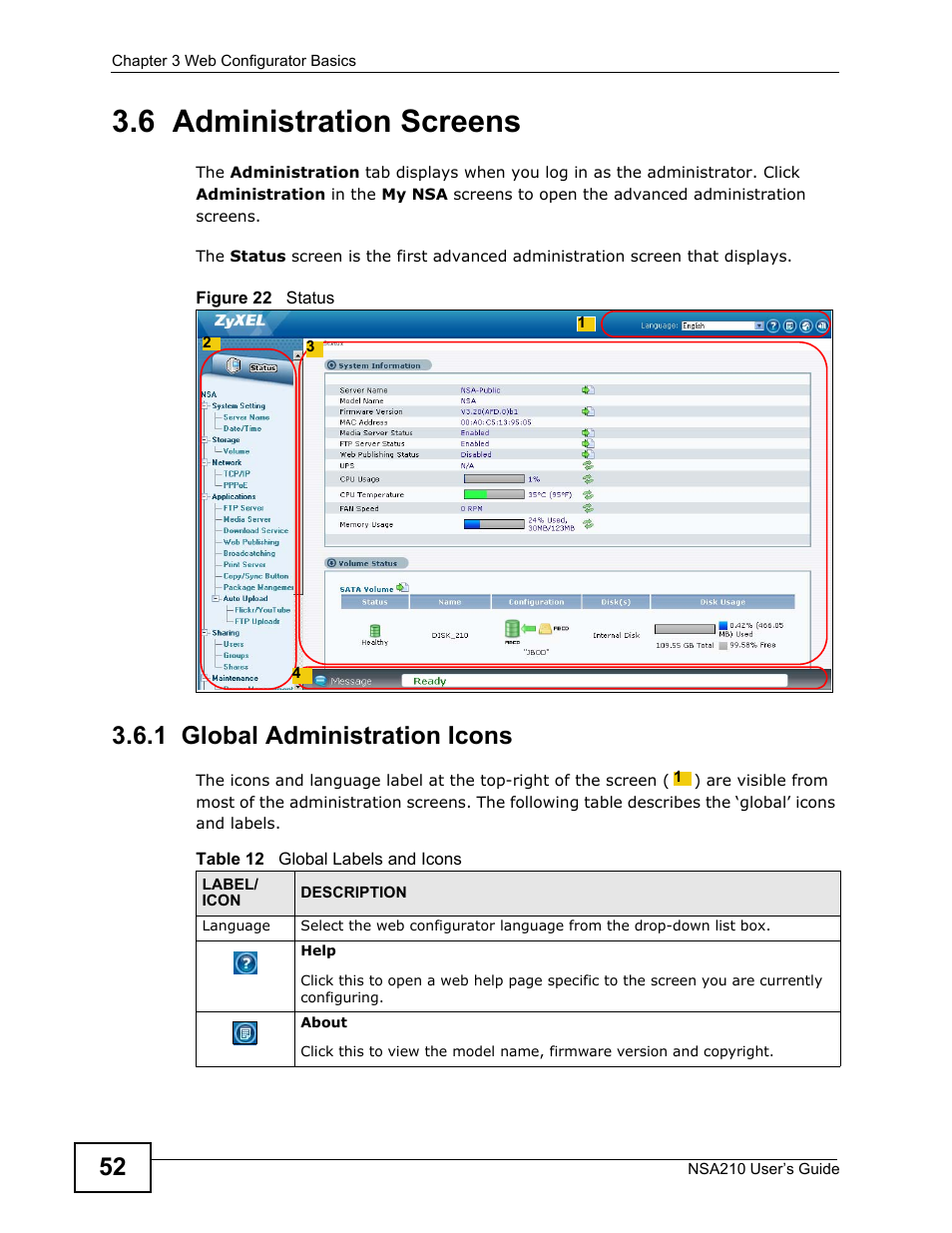 6 administration screens, 1 global administration icons | ZyXEL Communications NSA210 User Manual | Page 52 / 482